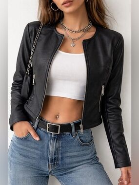 Italian Made Cropped Black Moto Jacket Textured Zip Up Size M